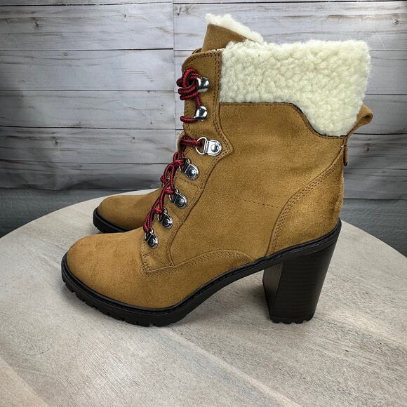 Nine West Peer Womens Sherpa Cuff Ankle Boot Size 8 Dark Natural Brown Heel Boot - Picture 3 of 13